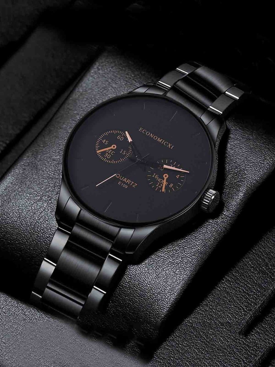 Black steel chronograph watch with rose-gold hands